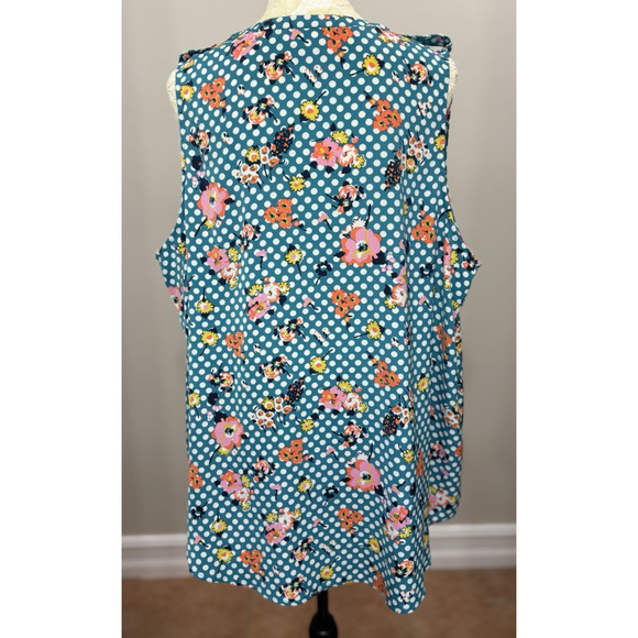 ModCloth Women 2X Top Blue Polka Dot Floral Sleeveless V-Neck Retro‎ Lightweight - Picture 3 of 12